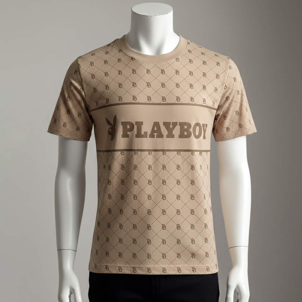 เสื้อยืดคอกลม สีเบจ ลายโมโนแกรมกระต่ายทั้งตัว พร้อมแถบคำว่า PLAYBOY กลางอก
