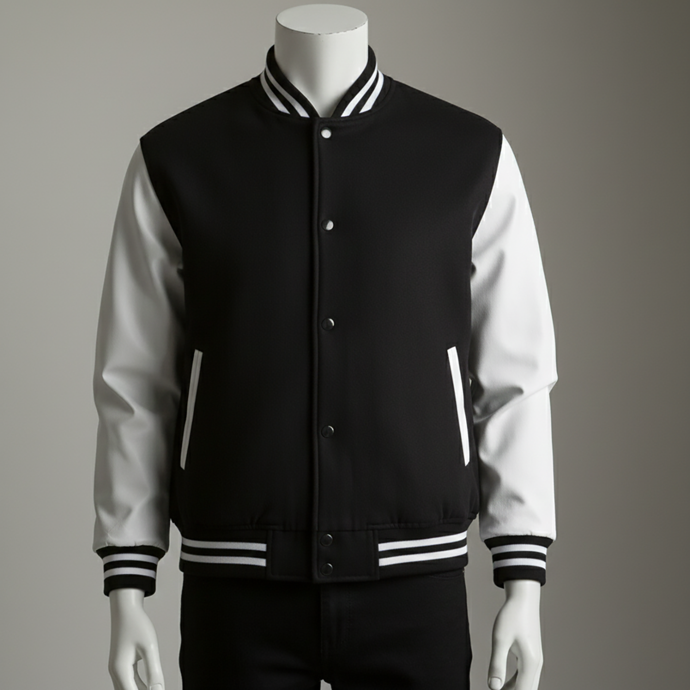 แจ็กเก็ตวาร์ซิตี้ สีดำ-ขาว คอและปลายแขนลายริบ