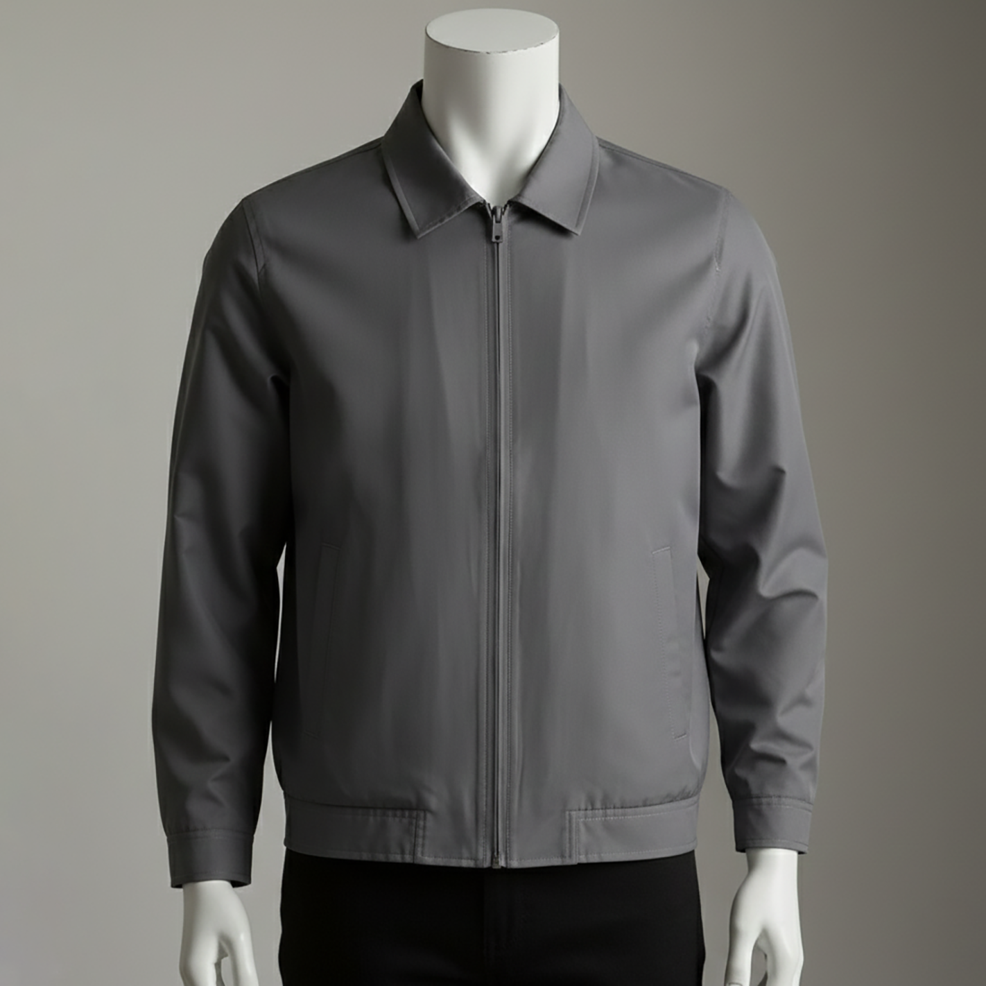 แจ็กเก็ตสีเทา คอปกเชิ้ต ซิปหน้า ทรงเรียบมินิมอล