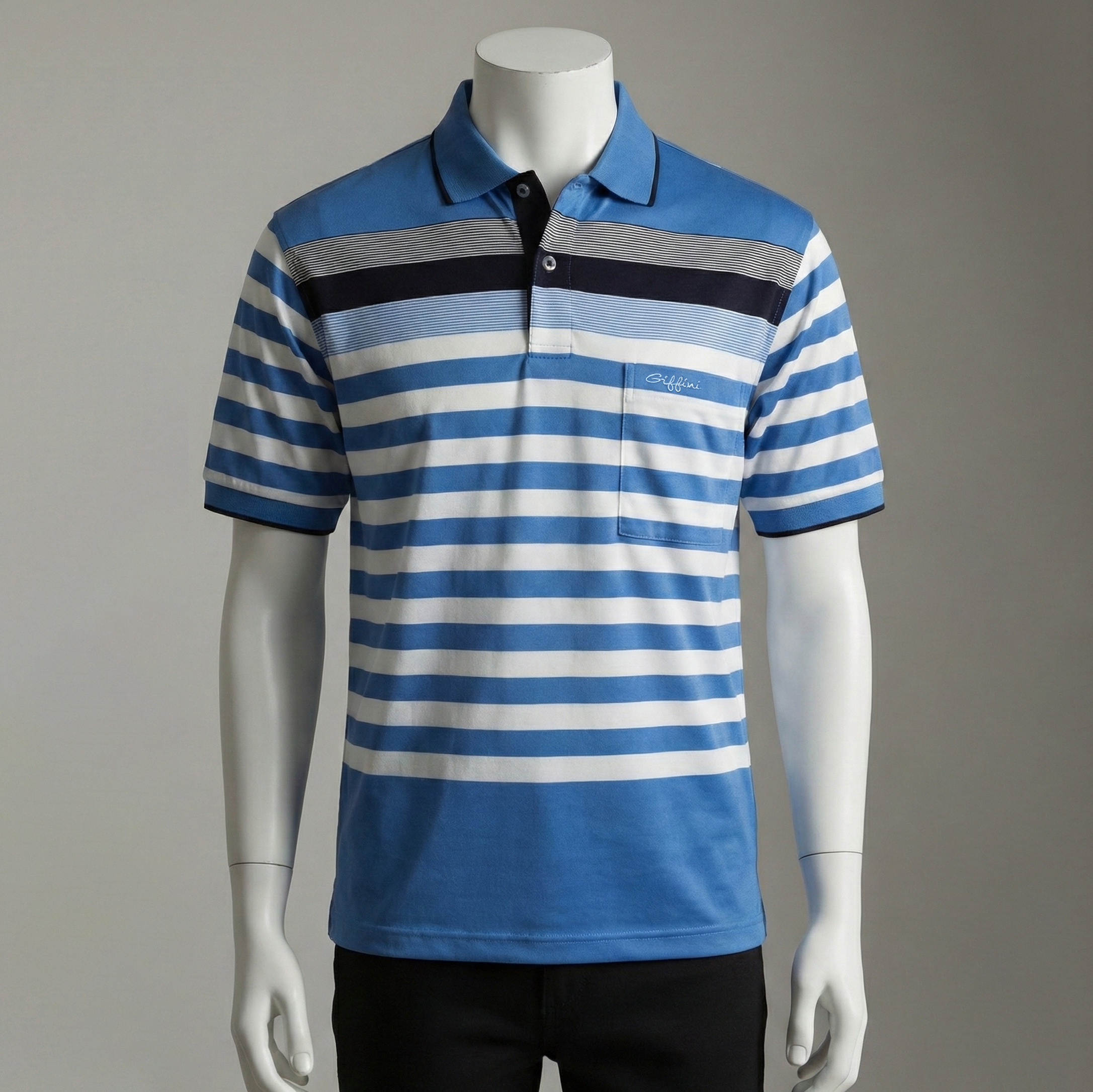 เสื้อโปโลลายทางฟ้า-ขาว คอปกสีน้ำเงิน แถบกรมที่อก และมีกระเป๋าอกซ้าย