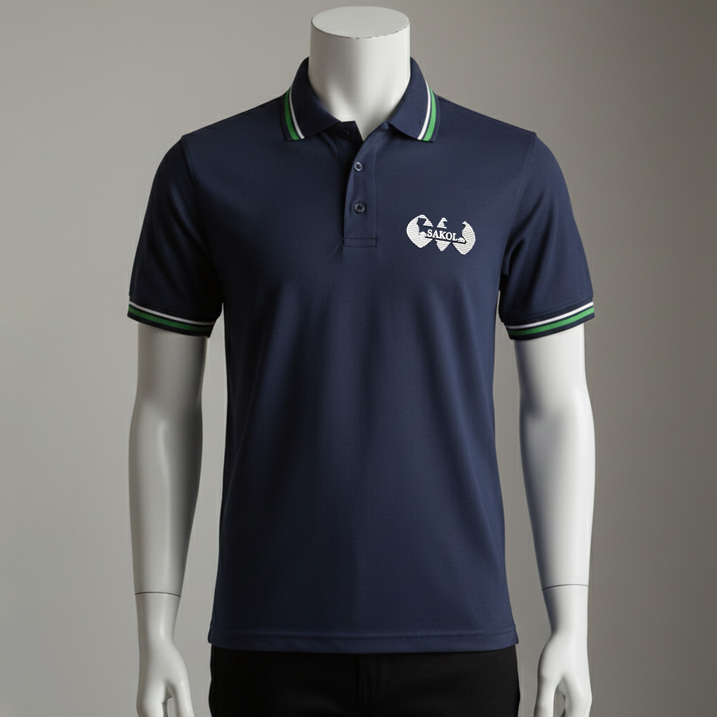 เสื้อโปโลสีน้ำเงิน คอตกแต่งเส้นสีเขียว โลโก้เล็กที่อก