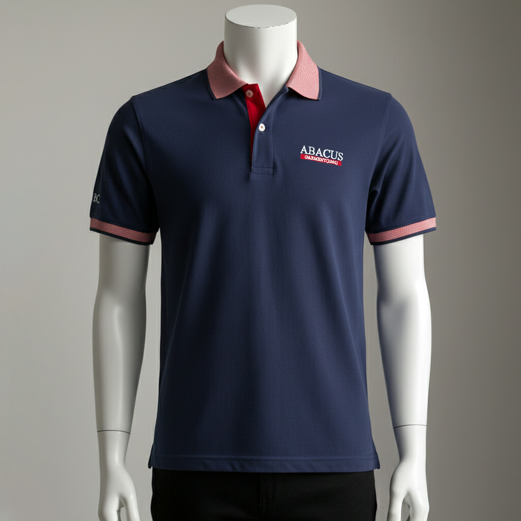 เสื้อโปโลสีน้ำเงิน คอและปลายแขนตัดสีชมพู โลโก้ที่อกซ้าย